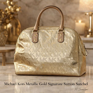 Michael Kors Metallic Gold Signature Sutton Bowler Satchel Patent MK Logo